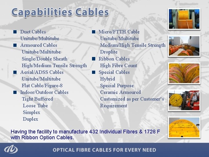 Duct Cables Unitube/Multitube Armoured Cables Unitube/Multitube Single/Double Sheath High/Medium Tensile Strength Aerial/ADSS Cables Unitube/Multitube