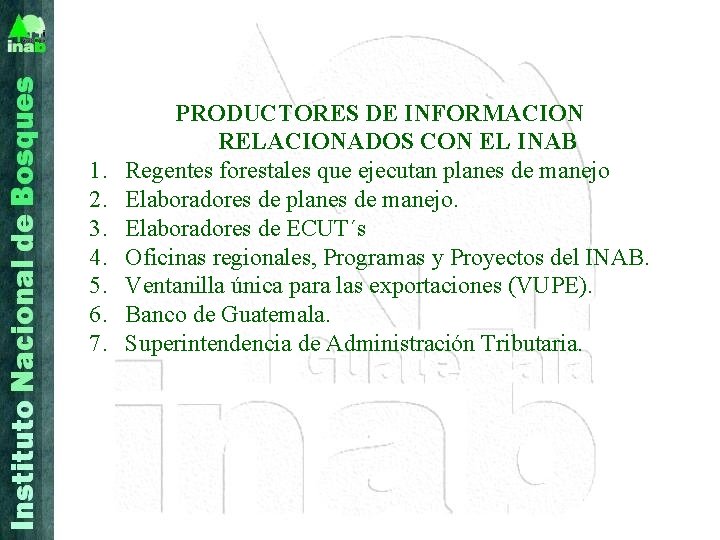1. 2. 3. 4. 5. 6. 7. PRODUCTORES DE INFORMACION RELACIONADOS CON EL INAB