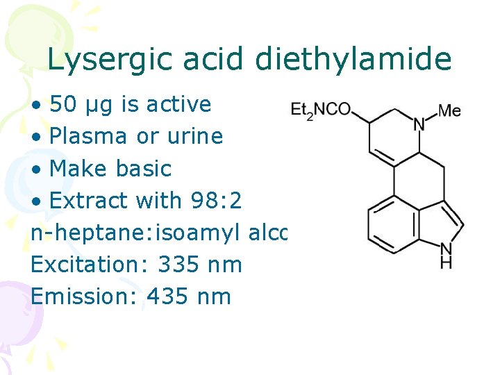 Lysergic acid diethylamide • 50 µg is active • Plasma or urine • Make