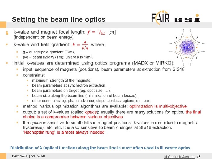 Setting the beam line optics Distribution of β (optical function) along the beam line