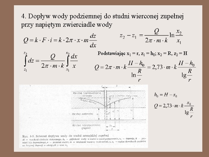 4. Dopływ wody podziemnej do studni wierconej zupełnej przy napiętym zwierciadle wody Podstawiając x