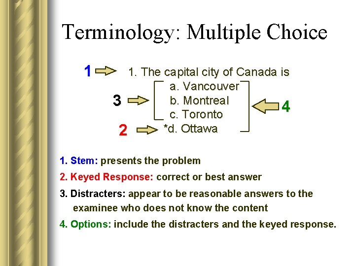 Terminology: Multiple Choice 1 1. The capital city of Canada is a. Vancouver b. Terminology: Multiple Choice 1 1. The capital city of Canada is a. Vancouver b.
