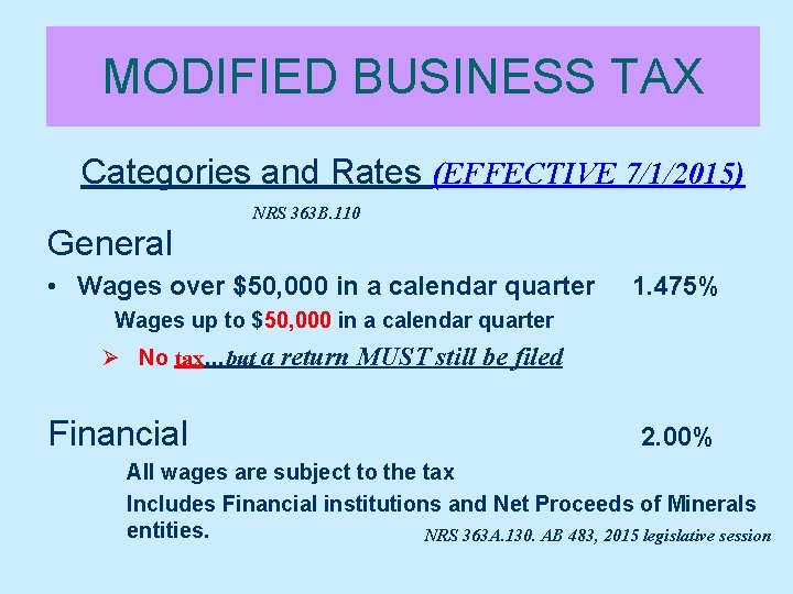 MODIFIED BUSINESS TAX Categories and Rates (EFFECTIVE 7/1/2015) NRS 363 B. 110 General •