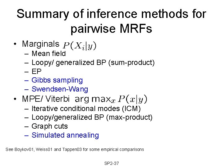 Summary of inference methods for pairwise MRFs • Marginals – – – Mean field Summary of inference methods for pairwise MRFs • Marginals – – – Mean field