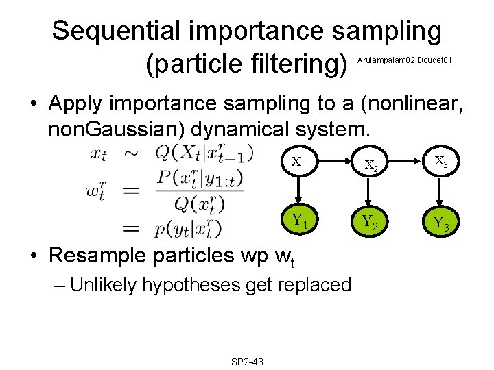 Sequential importance sampling (particle filtering) Arulampalam 02, Doucet 01 • Apply importance sampling to