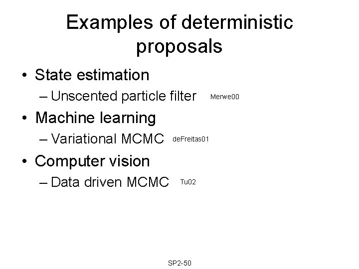 Examples of deterministic proposals • State estimation – Unscented particle filter • Machine learning