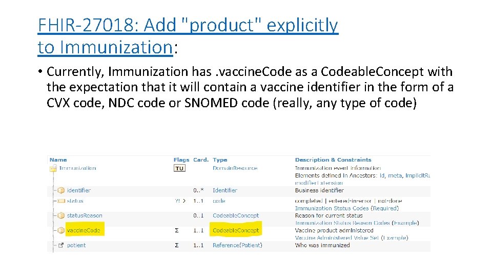 FHIR-27018: Add "product" explicitly to Immunization: • Currently, Immunization has. vaccine. Code as a