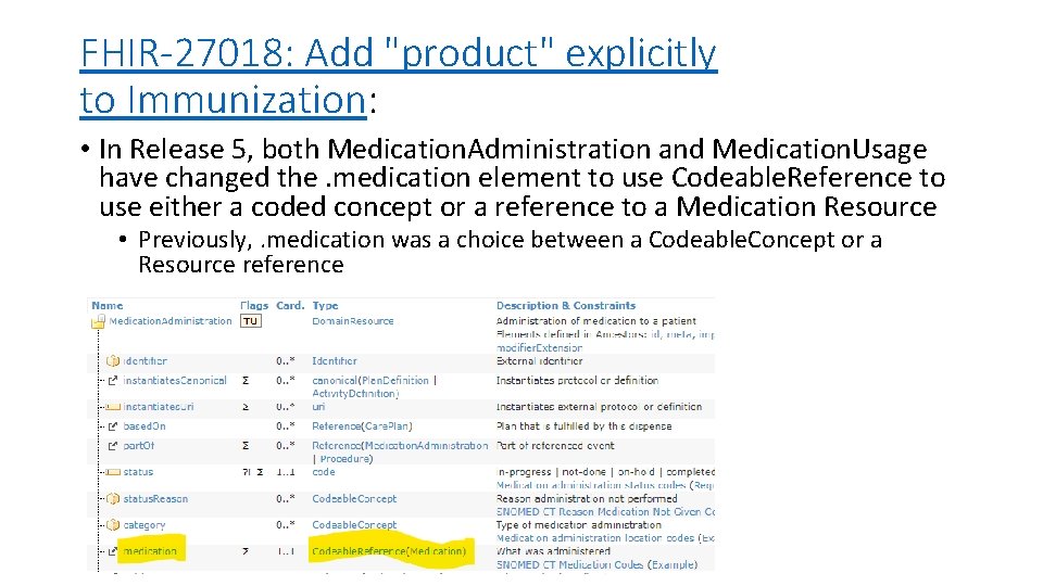 FHIR-27018: Add "product" explicitly to Immunization: • In Release 5, both Medication. Administration and