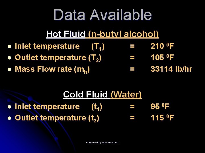 Data Available Hot Fluid (n-butyl alcohol) l l l Inlet temperature (T 1) Outlet