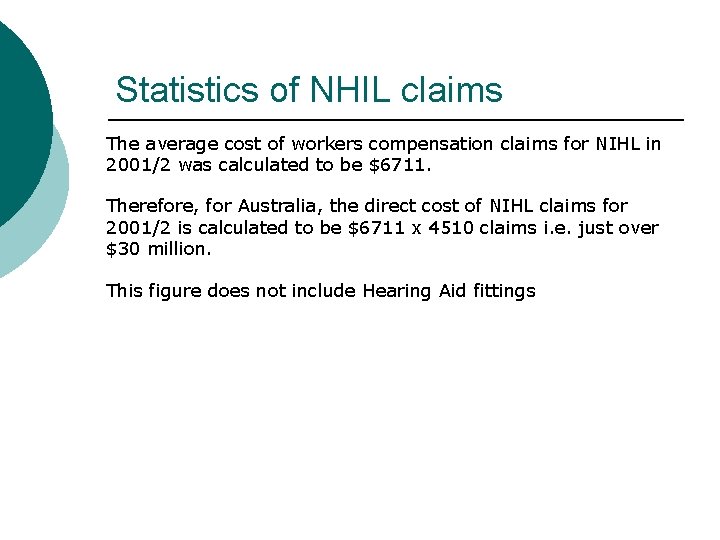 Statistics of NHIL claims The average cost of workers compensation claims for NIHL in