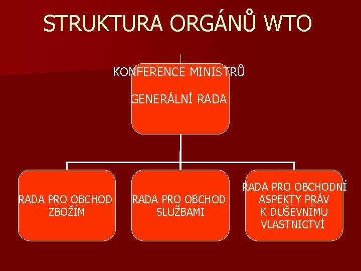 STRUKTURA ORGÁNŮ WTO KONFERENCE MINISTRŮ GENERÁLNÍ RADA PRO OBCHOD ZBOŽÍM RADA PRO OBCHOD SLUŽBAMI