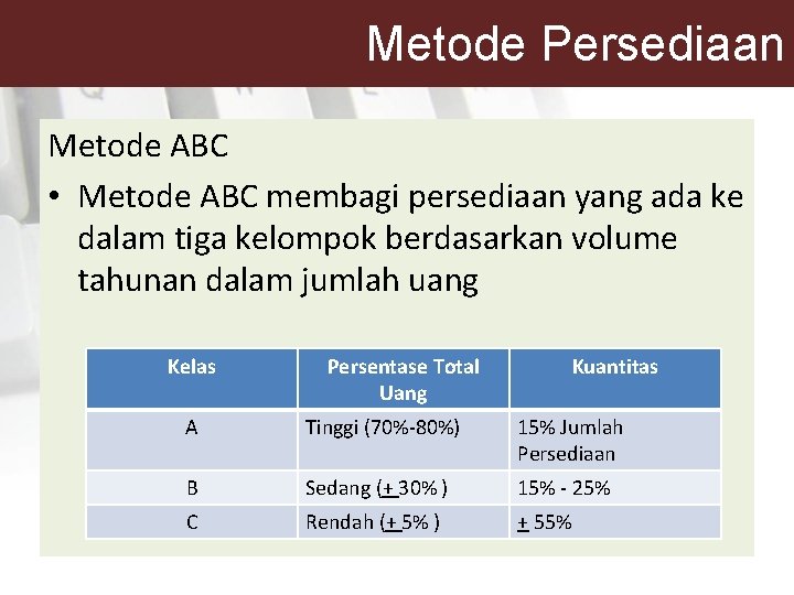 Metode Persediaan Metode ABC • Metode ABC membagi persediaan yang ada ke dalam tiga