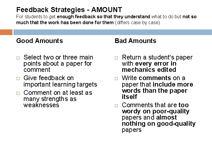 Feedback Strategies - AMOUNT For students to get enough feedback so that they understand