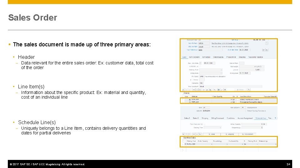 Sales Order § The sales document is made up of three primary areas: •