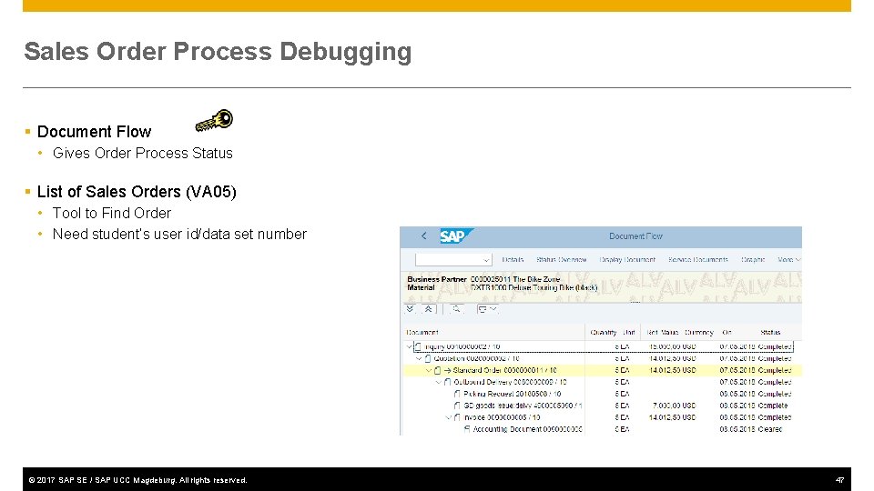 Sales Order Process Debugging § Document Flow • Gives Order Process Status § List