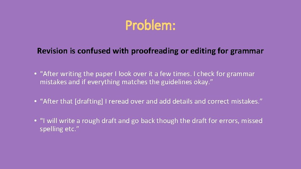 Problem: Revision is confused with proofreading or editing for grammar • “After writing the