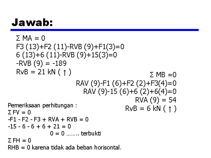 Jawab: Σ MA = 0 F 3 (13)+F 2 (11)-RVB (9)+F 1(3)=0 6 (13)+6