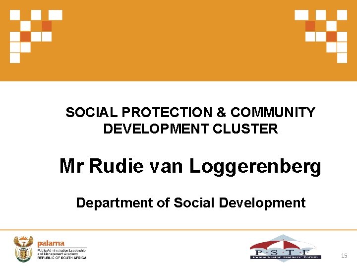 SOCIAL PROTECTION & COMMUNITY DEVELOPMENT CLUSTER Mr Rudie van Loggerenberg Department of Social Development
