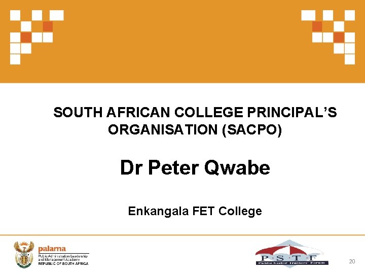 SOUTH AFRICAN COLLEGE PRINCIPAL’S ORGANISATION (SACPO) Dr Peter Qwabe Enkangala FET College 20 