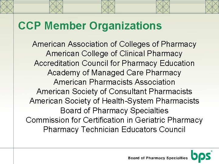 CCP Member Organizations American Association of Colleges of Pharmacy American College of Clinical Pharmacy