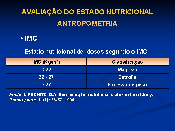 AVALIAÇÃO DO ESTADO NUTRICIONAL ANTROPOMETRIA • IMC Estado nutricional de idosos segundo o IMC