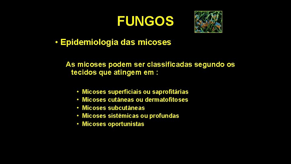 FUNGOS • Epidemiologia das micoses As micoses podem ser classificadas segundo os tecidos que
