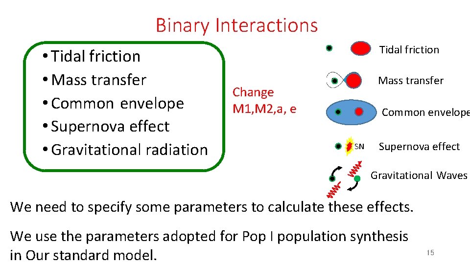 Binary Interactions • Tidal friction • Mass transfer • Common envelope • Supernova effect