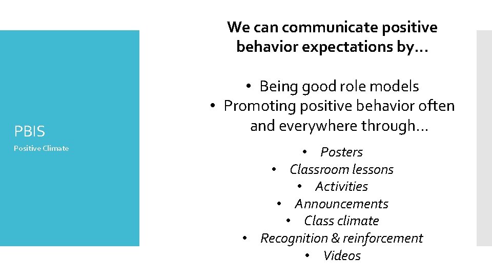 We can communicate positive behavior expectations by. . . PBIS Positive Climate • Being