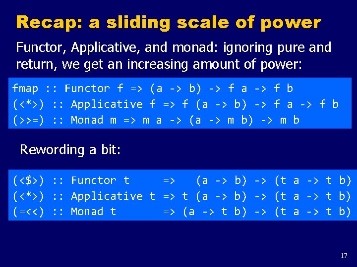 Recap: a sliding scale of power Functor, Applicative, and monad: ignoring pure and return,