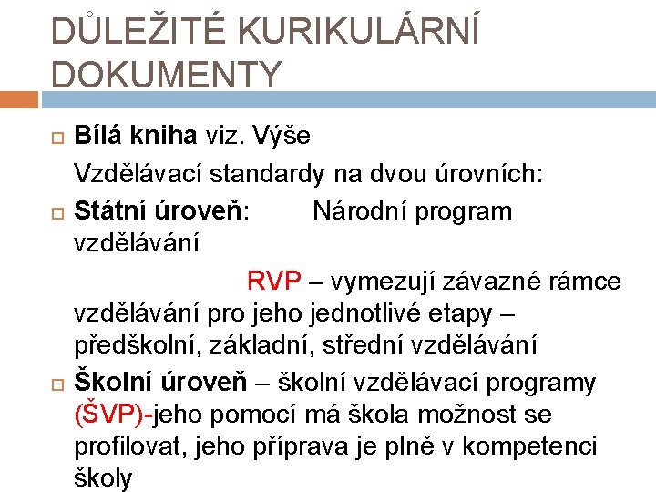 DŮLEŽITÉ KURIKULÁRNÍ DOKUMENTY Bílá kniha viz. Výše Vzdělávací standardy na dvou úrovních: Státní úroveň: