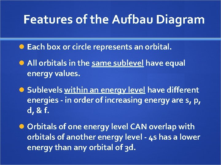 Features of the Aufbau Diagram Each box or circle represents an orbital. All orbitals