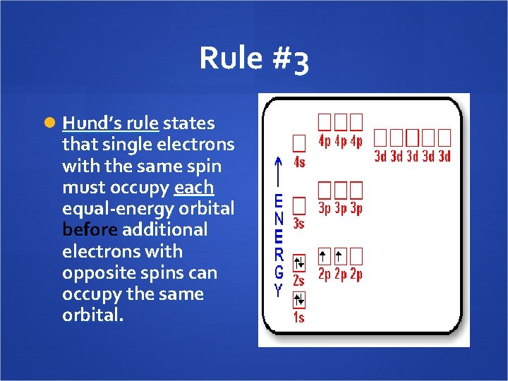 Rule #3 Hund’s rule states that single electrons with the same spin must occupy