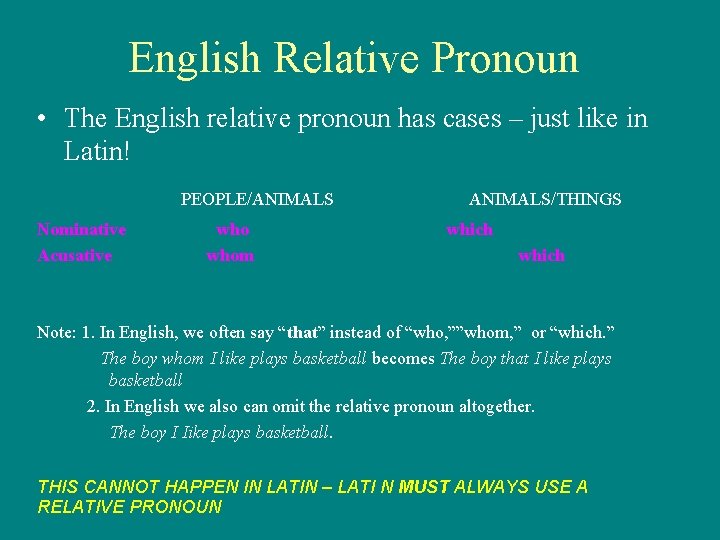 English Relative Pronoun • The English relative pronoun has cases – just like in