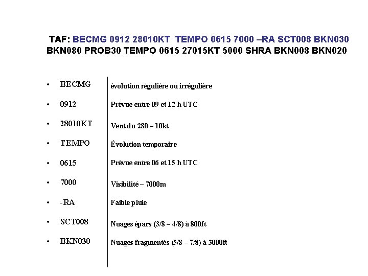 TAF: BECMG 0912 28010 KT TEMPO 0615 7000 –RA SCT 008 BKN 030 BKN