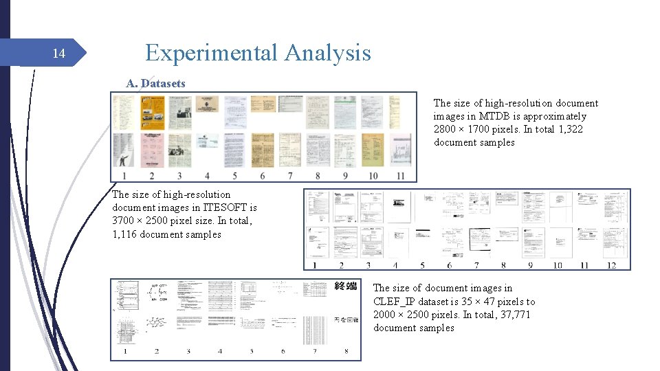 14 Experimental Analysis A. Datasets The size of high-resolution document images in MTDB is