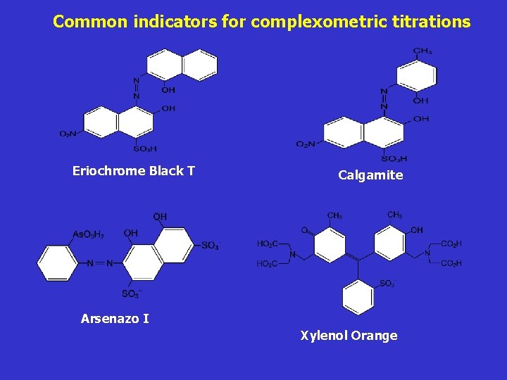 Common indicators for complexometric titrations Eriochrome Black T Calgamite Arsenazo I Xylenol Orange 