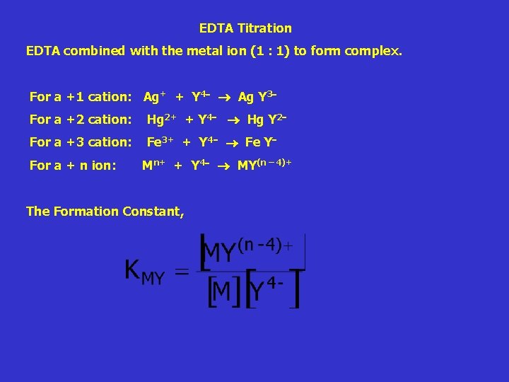 EDTA Titration EDTA combined with the metal ion (1 : 1) to form complex.