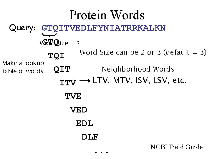 Protein Words Query: GTQITVEDLFYNIATRRKALKN GTQ Word Size can be 2 or 3 (default =