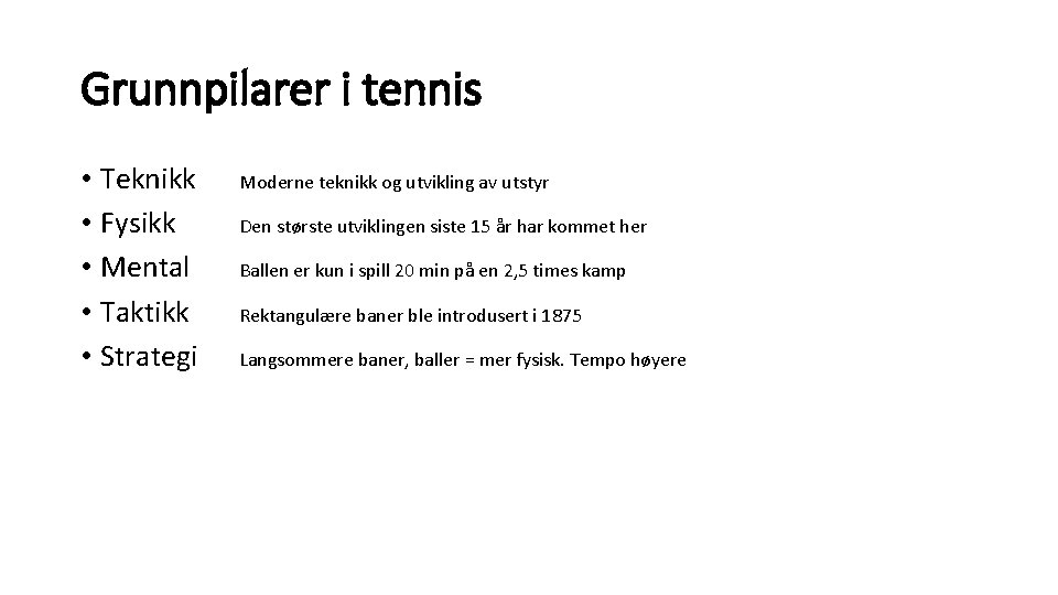 Grunnpilarer i tennis • Teknikk • Fysikk • Mental • Taktikk • Strategi Moderne