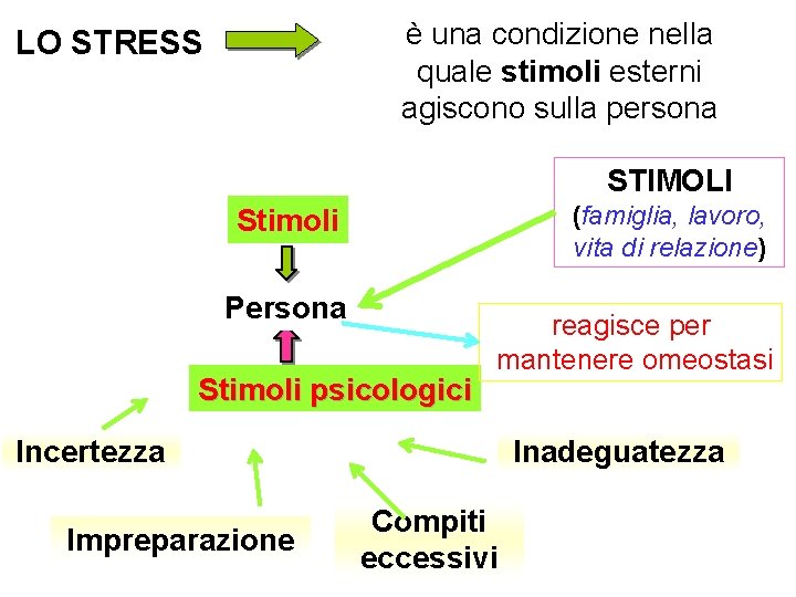 è una condizione nella quale stimoli esterni agiscono sulla persona LO STRESS STIMOLI (famiglia,