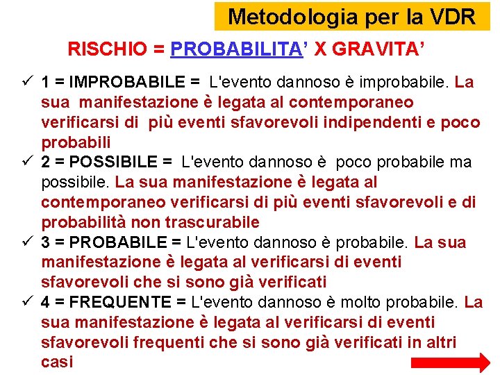 Metodologia per la VDR RISCHIO = PROBABILITA’ X GRAVITA’ 1 = IMPROBABILE = L'evento