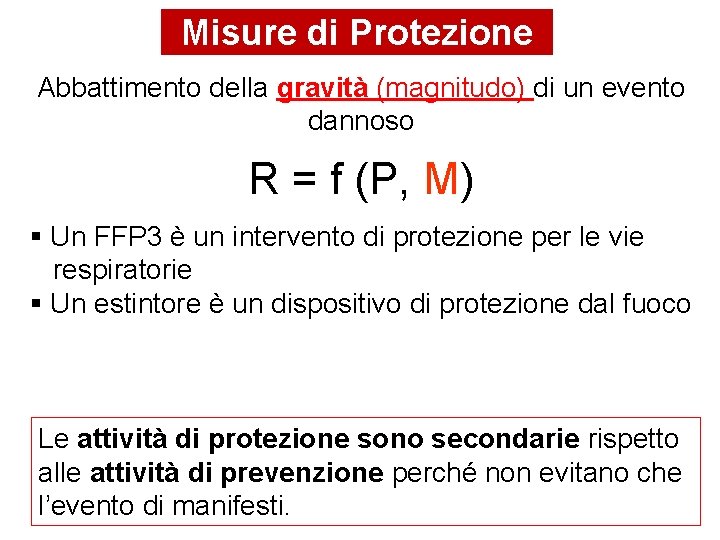 Misure di Protezione Abbattimento della gravità (magnitudo) di un evento dannoso R = f