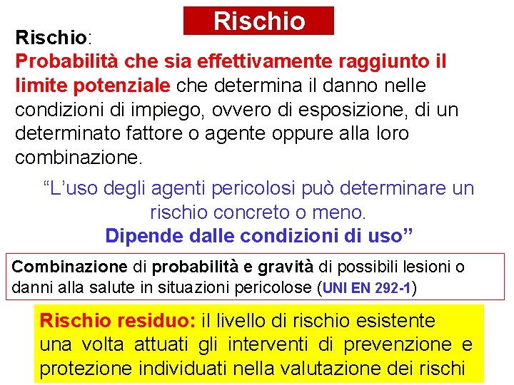 Rischio: Probabilità che sia effettivamente raggiunto il limite potenziale che determina il danno nelle