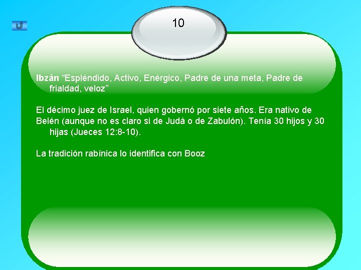 10 Ibzán “Espléndido, Activo, Enérgico, Padre de una meta, Padre de frialdad, veloz” El