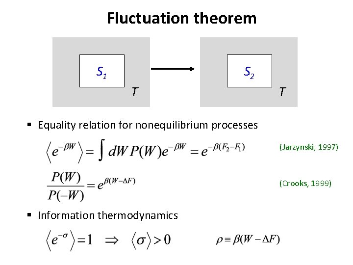 Fluctuation theorem S 1 S 2 T T § Equality relation for nonequilibrium processes