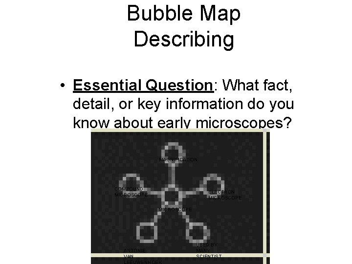Bubble Map Describing • Essential Question: What fact, detail, or key information do you