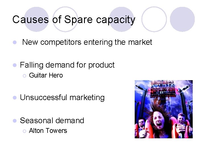 Causes of Spare capacity l l New competitors entering the market Falling demand for
