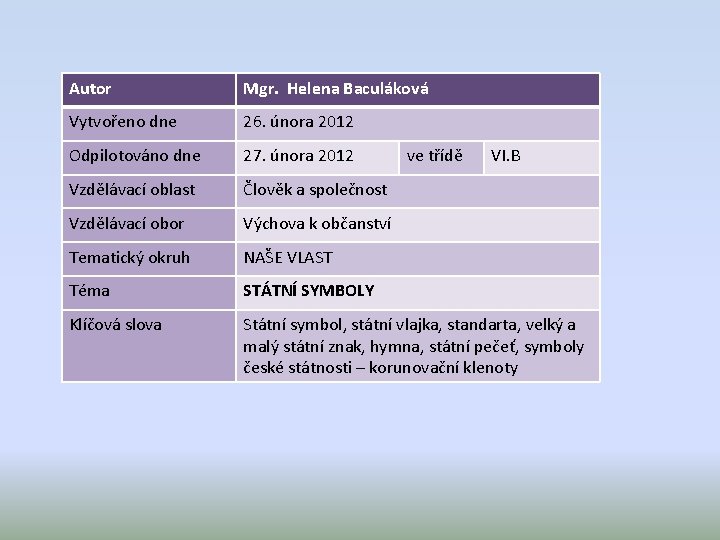 Autor Mgr. Helena Baculáková Vytvořeno dne 26. února 2012 Odpilotováno dne 27. února 2012