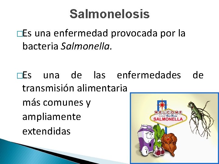 Salmonelosis �Es una enfermedad provocada por la bacteria Salmonella. �Es una de las enfermedades
