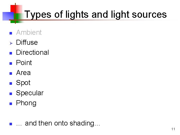 Types of lights and light sources n Ambient Diffuse Directional Point Area Spot Specular Types of lights and light sources n Ambient Diffuse Directional Point Area Spot Specular